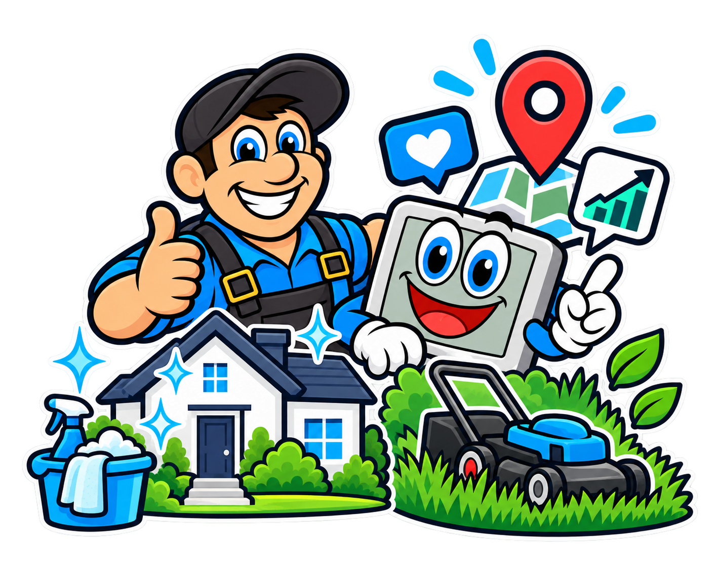 Local & Onward mascots with a clean home and freshly mowed lawn